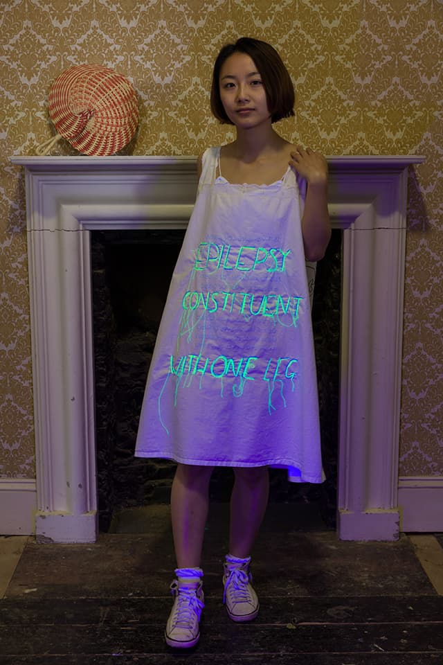 <strong>Out of the Blue</strong> Self, Susan Aldworth, 2020. Embroidery by Rachel Burnett, words by Max Eilenberg. Photograph by Peter Abrahams.