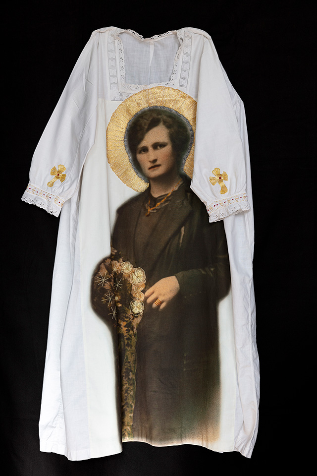 EXILE: sono oriunda (I am of Italian descent), Luigia’s nightdress, Susan Aldworth, hand embroidery and digital print, 2023. Photograph by Peter Abrahams