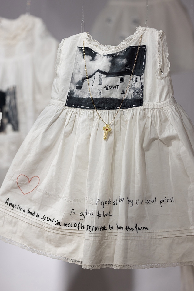Angelina, Luigia’s favourite niece, was seduced by the local priest, aged 16. She spent the rest of her life in servitude to her family. Embroidery by Megan Ellis. Photograph by Scott Murray.