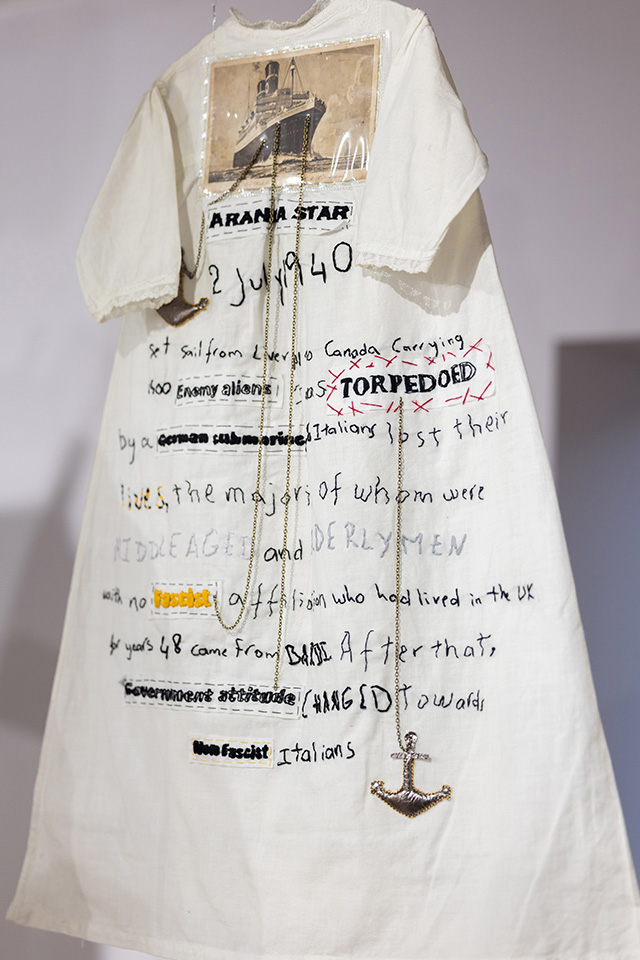 On 2 July 1940, The Arandora Star set sail from Liverpool to Canada carrying 1500 “enemy aliens”. It was torpedoed by a German submarine .Embroidery by Ibtisam Echchafiki. Photograph by Scott Murray.