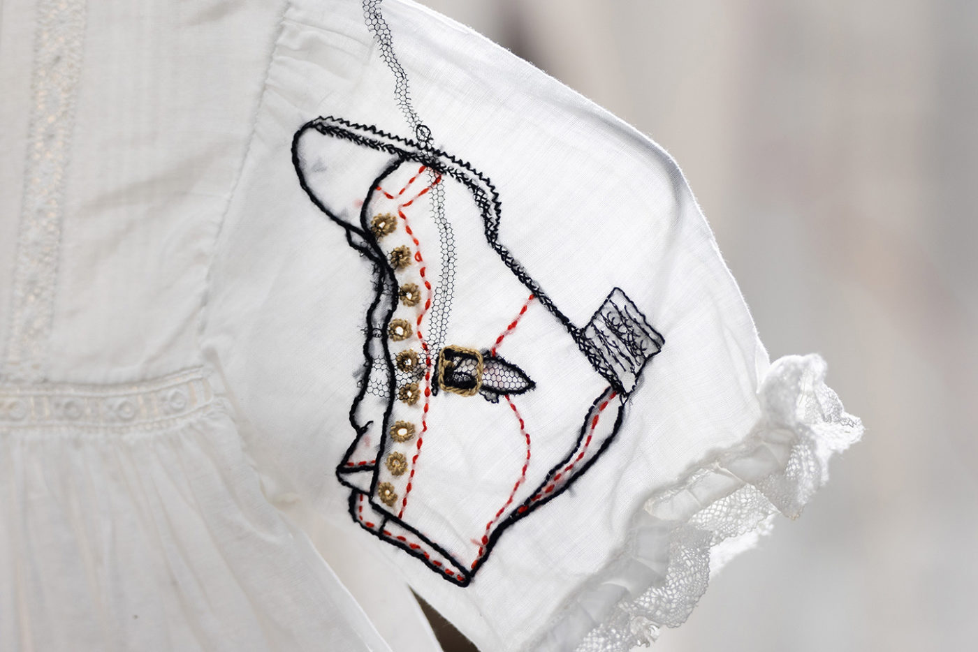 “In the war, in winter, I used to wear ice-skating boots without the blades.” Embroidery by Sophie Dinning. Photograph by Scott Murray.